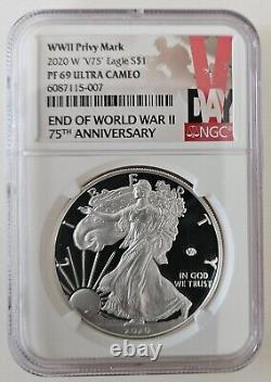 2020 W $1 Silver Eagle End of WWII V75 Privy NGC PF69 Ultra Cameo V-Day Label