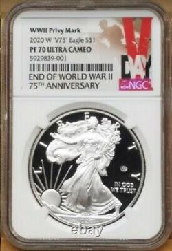 2020 W WORLD WAR II 75th ANNIV SILVER EAGLE V75, NGC PF70UC, ONLY 75K MINTED