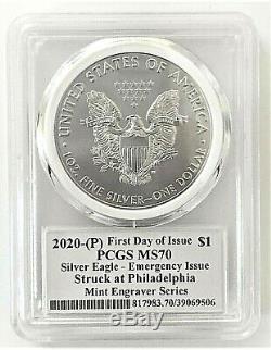 2020-p Emergency Issue Silver Eagle-pcgs Ms70-fdoi-mint Engraver-mercanti-flag