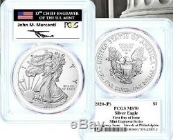 2020-p Emergency Issue Silver Eagle-pcgs Ms70-fdoi-mint Engraver-mercanti-flag