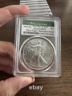2020-(p) Silver Eagle Pcgs Ms70 Fdi Emergency Issue Struck At Philadelphia Label