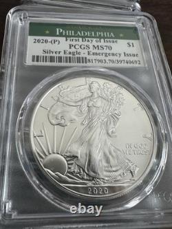 2020-(p) Silver Eagle Pcgs Ms70 Fdi Emergency Issue Struck At Philadelphia Label