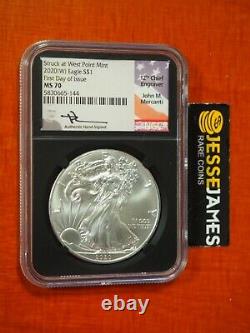 2020 (w) Silver Eagle Ngc Ms70 Fdi Mercanti Signed'struck At West Point Mint