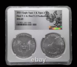 2021 $1 1-oz Silver Eagle T1 Last Day & T2 First Day 2-pc Set NGC MS69