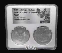 2021 $1 1-oz Silver Eagle T1 Last Day & T2 First Day 2-pc Set NGC MS69