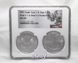 2021 $1 1-oz Silver Eagle T1 Last Day & T2 First Day 2-pc Set NGC MS69