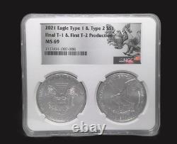 2021 $1 1-oz Silver Eagle T1 Last Day & T2 First Day 2-pc Set NGC MS69