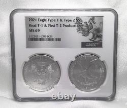 2021 $1 1-oz Silver Eagle T1 Last Day & T2 First Day 2-pc Set NGC MS69