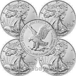 2021 $1 American Silver Eagle 1 oz Lot of 5 each Brilliant Uncirculated Type 2