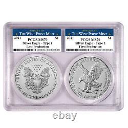 2021 $1 T1 and T2 Silver Eagle Set PCGS MS70 First and Last Production West Poin