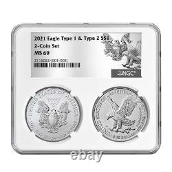 2021 $1 Type 1 and Type 2 Silver Eagle Set NGC MS69 T1 T2 Label