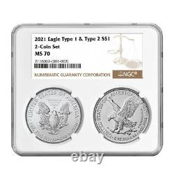 2021 $1 Type 1 and Type 2 Silver Eagle Set NGC MS70 Brown Label