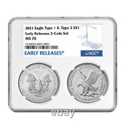 2021 $1 Type 1 and Type 2 Silver Eagle Set NGC MS70 ER Blue Label
