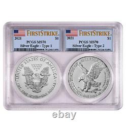 2021 $1 Type 1 and Type 2 Silver Eagle Set PCGS MS70 FS Flag Label