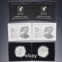 2021+2022-w Us Mint American Eagle $1 Dollar One Ounce Silver Uncirculated Coins