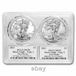 2021 2-Coin Silver Eagle Set MS-70 PCGS (Type 1 & 2, FirstStrike)