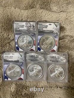 2021 ANACS Certified MS 70 silver eagle 5 Coin Set