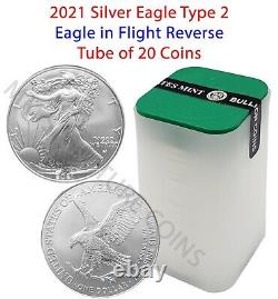 2021 American Silver Eagle BU Type 2 Lot, Roll, Tube of 20 Coins each 1 oz