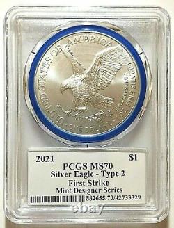 2021 Mint Designer Type 2 Silver Eagle-pcgs Ms70-first Strike-emily Damstra