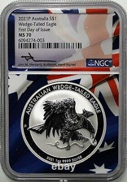 2021 P Australia $1 Silver Wedge Tailed Eagle NGC MS70 FDOI Mercanti Signature