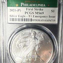2021 P Silver Eagle $1 Emergency T1 Pcgs Ms69 First Strike Philadelphia