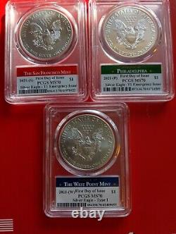 2021 Silver American Eagles MS70 1 each W, S & P mints