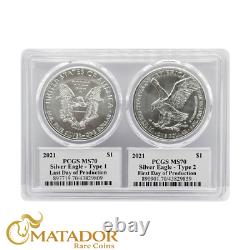 2021 Silver Eagle Last Day First Day Set PCGS MS70 FDOI Damstra & Cleveland