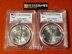 2021 Silver Eagle Pcgs Ms70 Flag First Strike 2 Coin Set Both Type 1 & Type 2