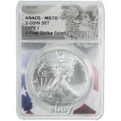 2021 Type 1&2 American Silver Eagle 2 Coin Set MS 70 ANACS SKUCPC9635