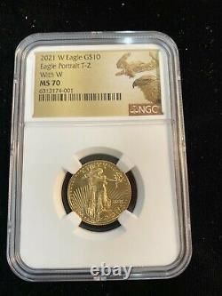 2021 W $10 Gold Eagle Ngc Ms70 Type 2 Mint Error! 1/4 Oz Gold