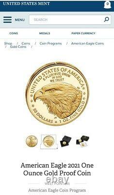 2021-W 1 Oz American Eagle Gold Proof Coin (21EBN)Type 2- Mint Closed Box