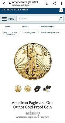2021-W 1 Oz American Eagle Gold Proof Coin (21EBN)Type 2- Mint Closed Box