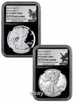 2021 W $1 Silver Eagle T-1 & T-2 NGC PF70 2-Coin Set. 999 Silver Label BlackCore