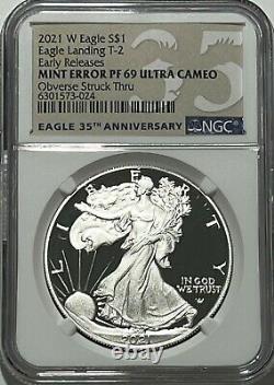 2021 W $1 T-2 Ngc Mint Error Pf69 Ucam Er Proof Silver Eagle Obverse Struk Thru