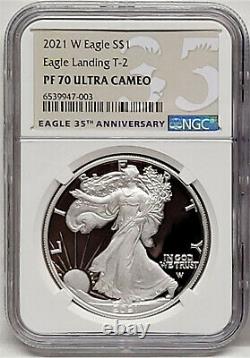 2021 W PROOF SILVER EAGLE, TYPE 2, EAGLE LANDING, NGC PF70UC, 35th ANNIVERSARY