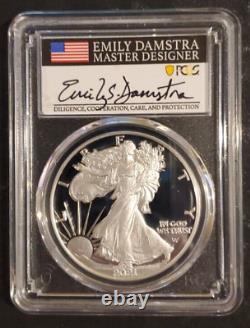 2021 W Pcgs Proof Pf70 Dcam Fdi Silver Eagle Emily Damstra Signed Flag Label $1