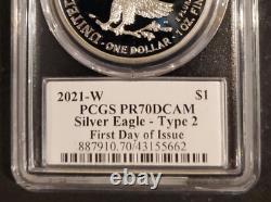 2021 W Pcgs Proof Pf70 Dcam Fdi Silver Eagle Emily Damstra Signed Flag Label $1