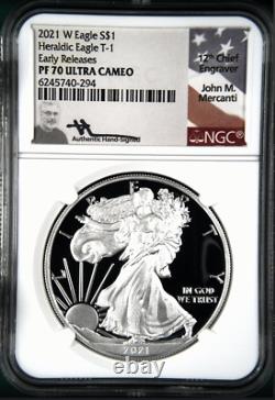 2021 W T-1 & T-2 Silver Eagle 2 Coin Set Both PF70 UC Mercanti & Gaudioso Signed