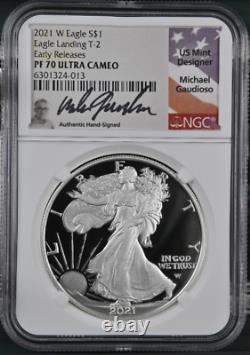 2021 W T-1 & T-2 Silver Eagle 2 Coin Set Both PF70 UC Mercanti & Gaudioso Signed