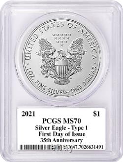 2021-mint State Silver Eagle-pcgs Ms70-fdoi-mercanti-type 1-35th Anniversary