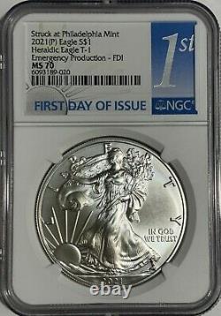 2021 (p) Silver American Eagle Ngc Ms70 Fdi First Day Issue Emergency Production