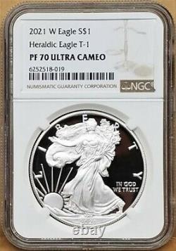 2021 w proof silver eagle, heraldic type 1, ngc pf70 uc, brown label