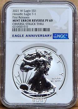 2021 w reverse proof silver eagle t-1, mint error rev pf69 fr, obv struck thru