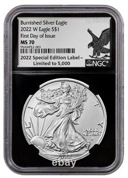 2022 W Burnished American Silver Eagle NGC MS70 FDOI 999 Silver Label Black Core