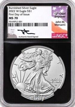2022 W Burnished Silver Eagle Type 2 NGC MS70 First Day of Issue Mercanti