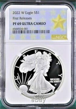 2022 W PROOF SILVER EAGLE, NGC PF69UC FIRST RELEASES, GOLD STAR, with OGP, IN HAND