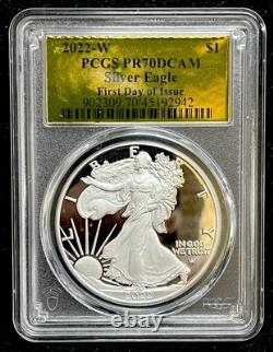 2022 W Silver Eagle Proof PCGS PR70 DCAM First Day Of Issue FDI Gold Foil Label