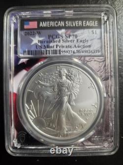 2022-w Burnished Silver Eagle Pcgs Sp70 Us Mint Private Auction Flag Core