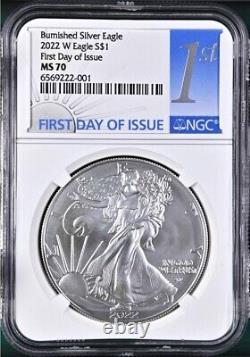 2022 w burnished silver eagle, ngc ms70 first day of issue, 1st label, in hand