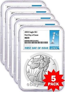 2023 $1 Silver Eagle NGC MS70 First Day of Issue 1st Label - 5 Pack